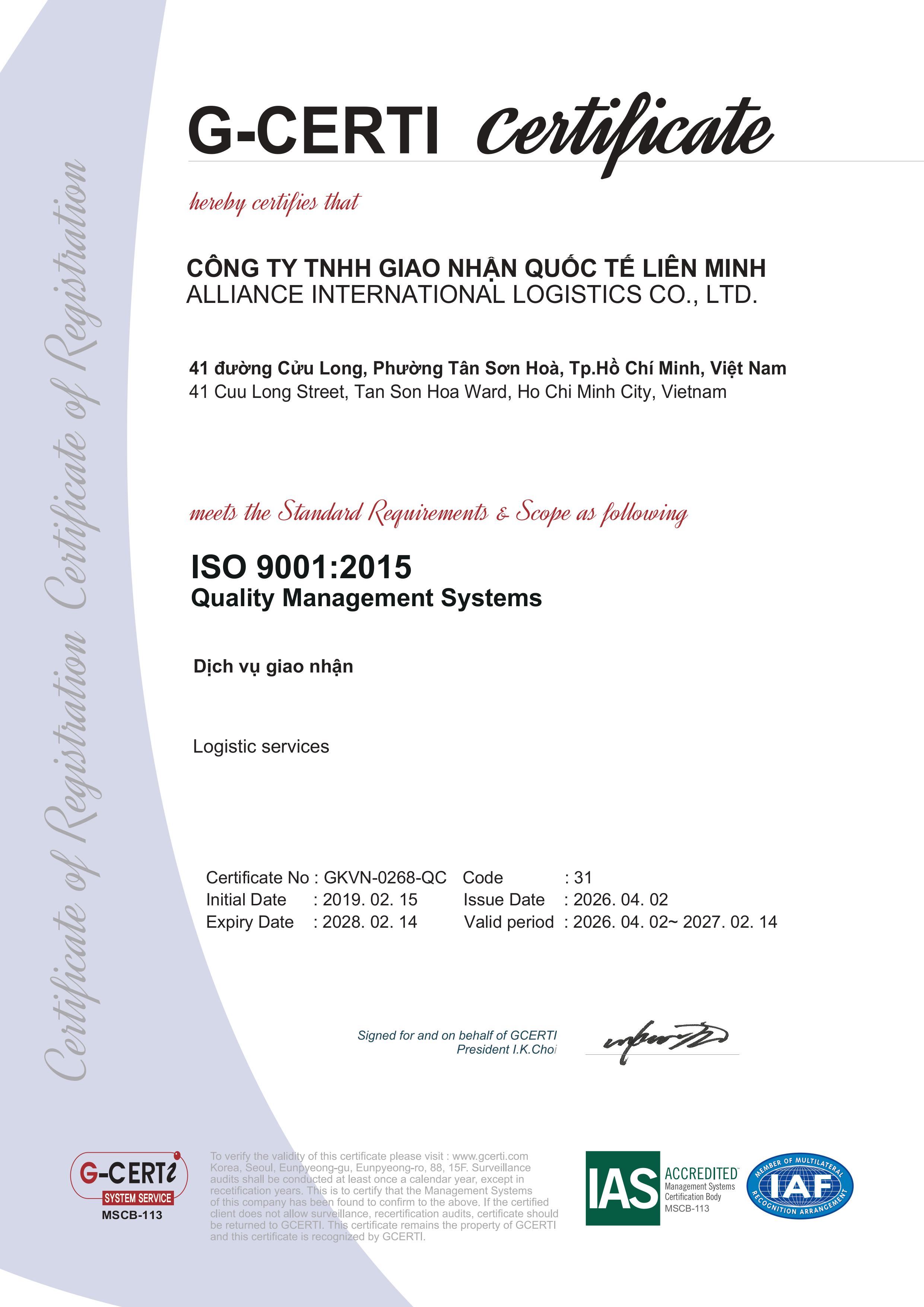 Chứng nhận ISO 9001: 2015 (G-Certi 2026)